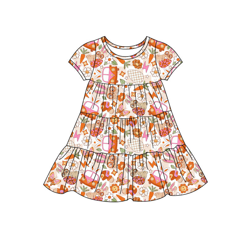 Preorder(moq 5) Baby Girls Eggs Rabbits Buses Easter Patchwork Ruffle Knee Length Dresses