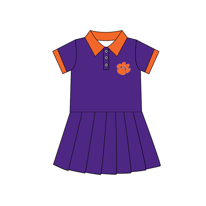 Preorder (moq 5)Baby Girls Purple Short Sleeves Button Pawl Team Shorts Knee Length Dresses