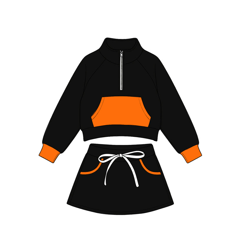 Preorder(moq5) Kids Half Zip Cropped Sweatshirt Skirt 2‑Piece Athletic Outfit