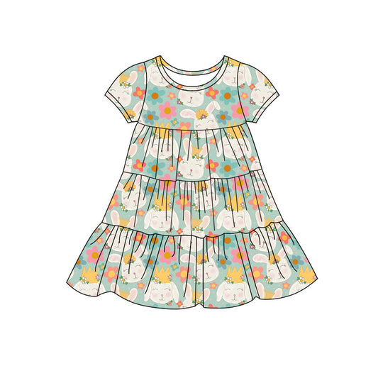 Preorder(moq 5) Baby Girls Flowers Rabbits Easter Patchwork Ruffle Knee Length Dresses