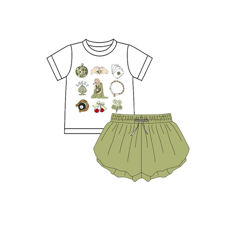 Preorder(moq 5) Baby Girls Green Clovers Top Ruffle Shorts St Patrick Clothes Sets
