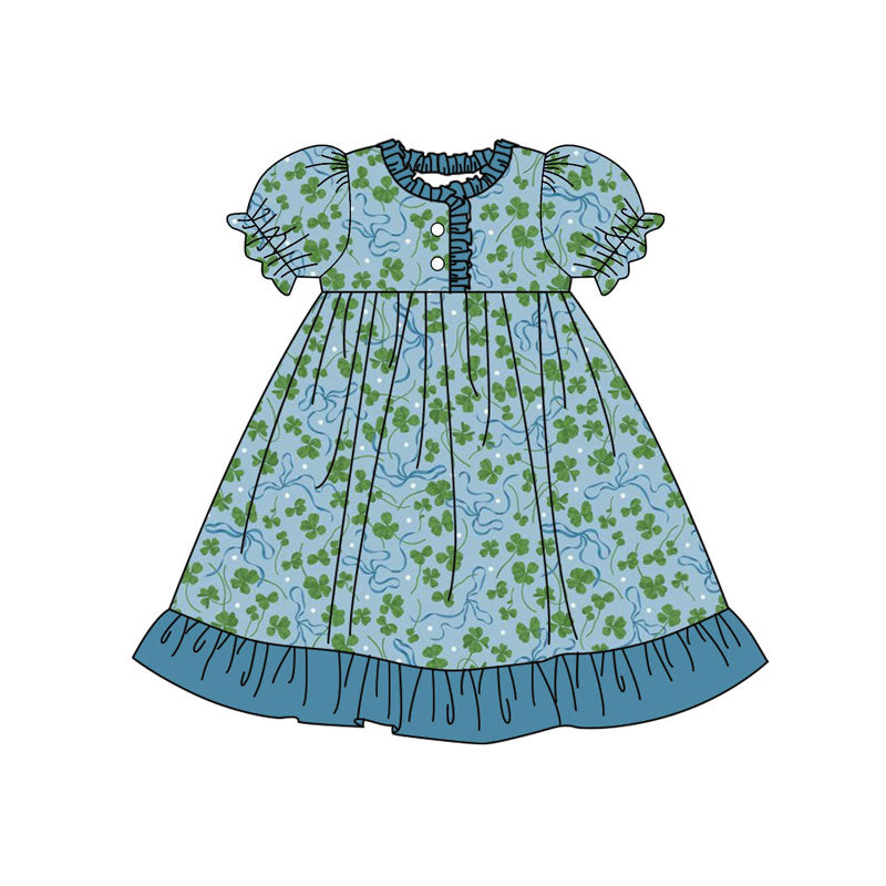 Preorder(moq 5) Baby Girls Clovers Bows St Patrick Button Ruffle Knee Length Dresses