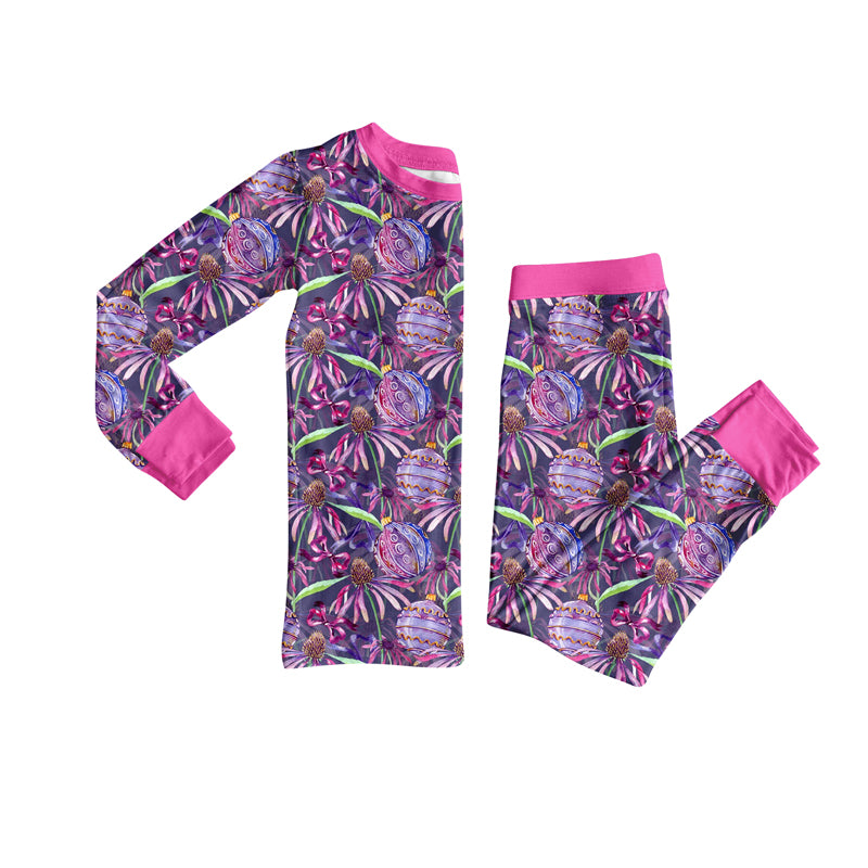 Preorder (moq 5)Baby Girls Hot Pink Flowers Bows Top Pant Halloween Pajamas Set