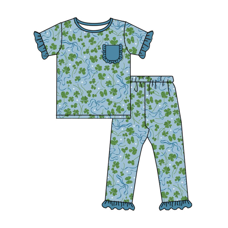 Preorder(moq 5) Baby Girls Clovers Bows Pockets Top Ruffle Pants St Patrick Pajamas Set