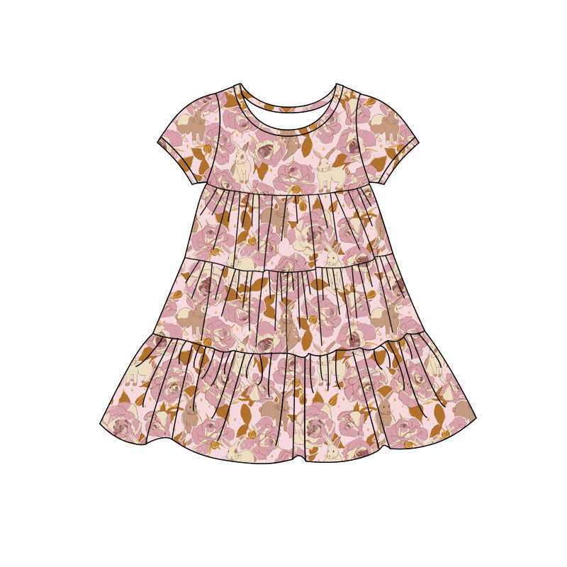 Preorder(moq 5) Baby Girls Rabbits Floral Easter Patchwork Ruffle Knee Length Dresses