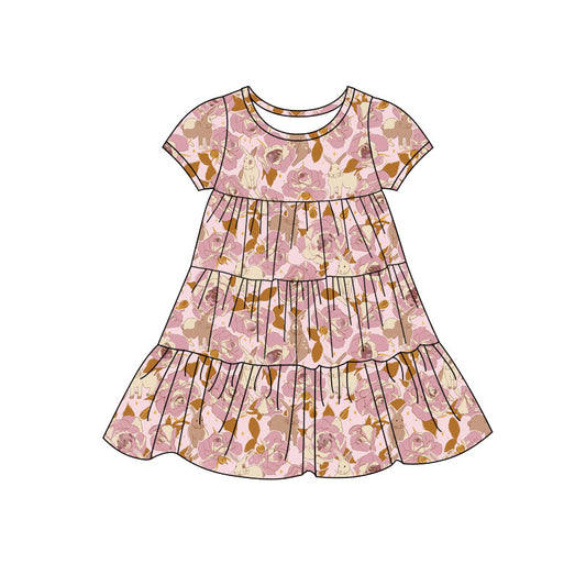 Preorder(moq 5) Baby Girls Rabbits Floral Easter Patchwork Ruffle Knee Length Dresses