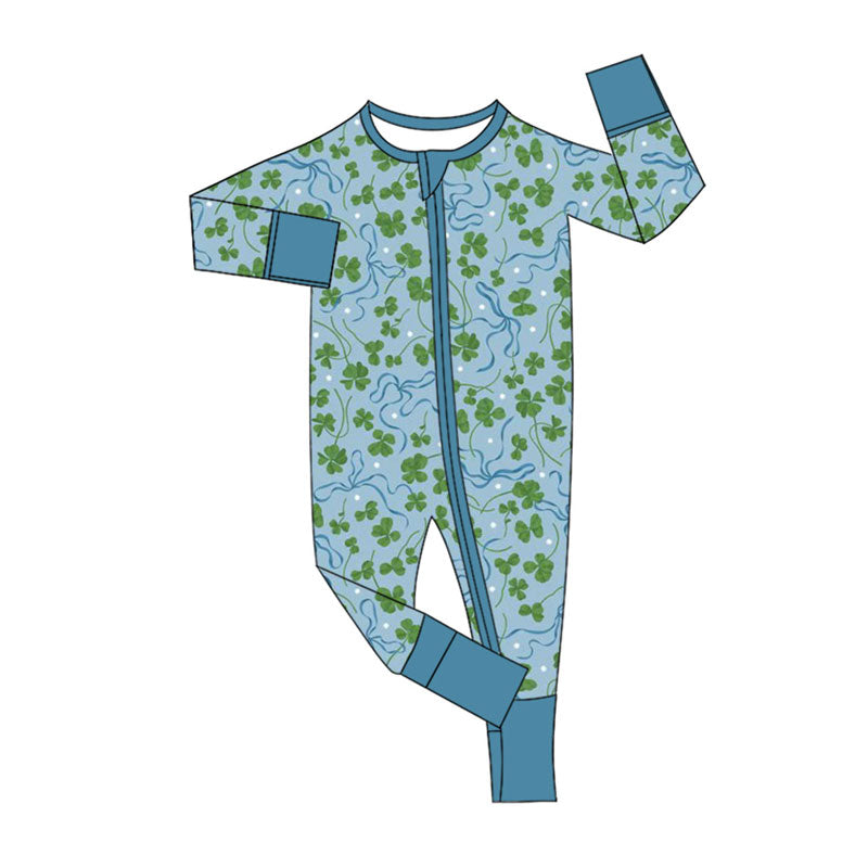 Preorder (moq 5)Baby Girls Clovers Bows Plaid St Patrick Zipper Footie Rompers