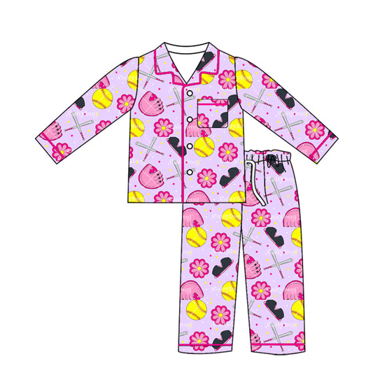 Preorder (moq 5)Baby Girls Flowers Softballs Button Pocket Top Pant Team Pajamas Sets