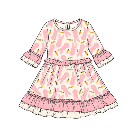 Preorder moq5  Girls’ Easter Bunny Floral Dress, Light Dusty Pink Rabbit Print Ruffle-Trim Dress, Cute Spring Holiday Outfit