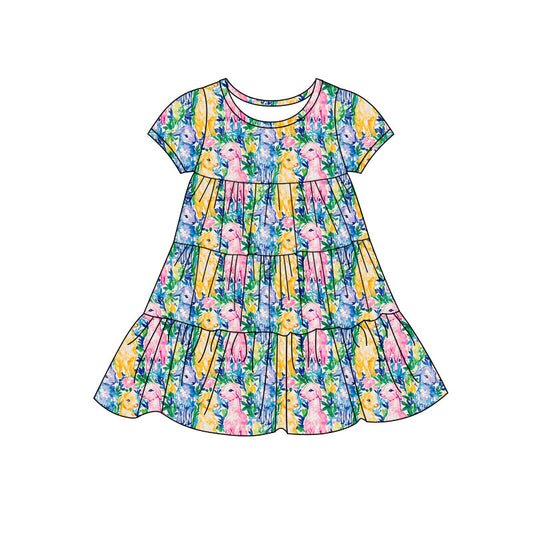 Preorder(moq 5) Baby Girls Sheeps Floral Patchwork Ruffle Knee Length Dresses