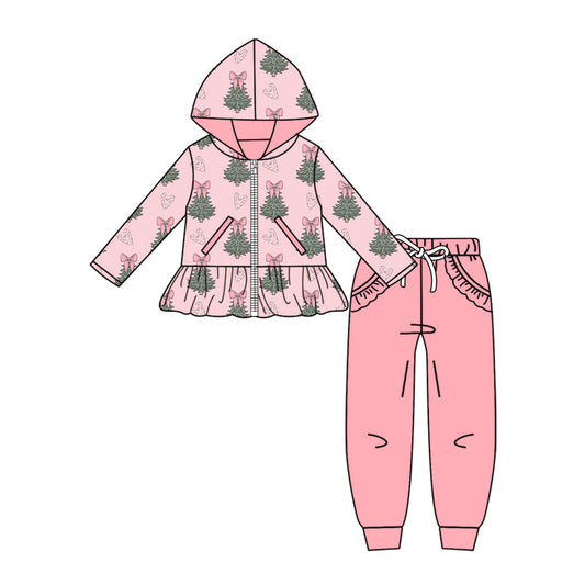 Preorder (moq 5)Baby Girls Candy Cane Trees Zip Pockets Hoodie Jogger Christmas Clothes Set