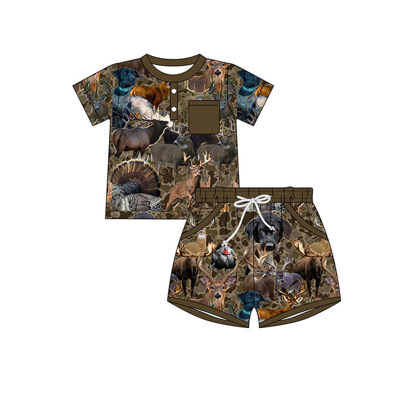 Preorder(moq 5) Baby Boys Brown Camo Deer Dogs Button Top Pockets Short Hunting Clothes Sets