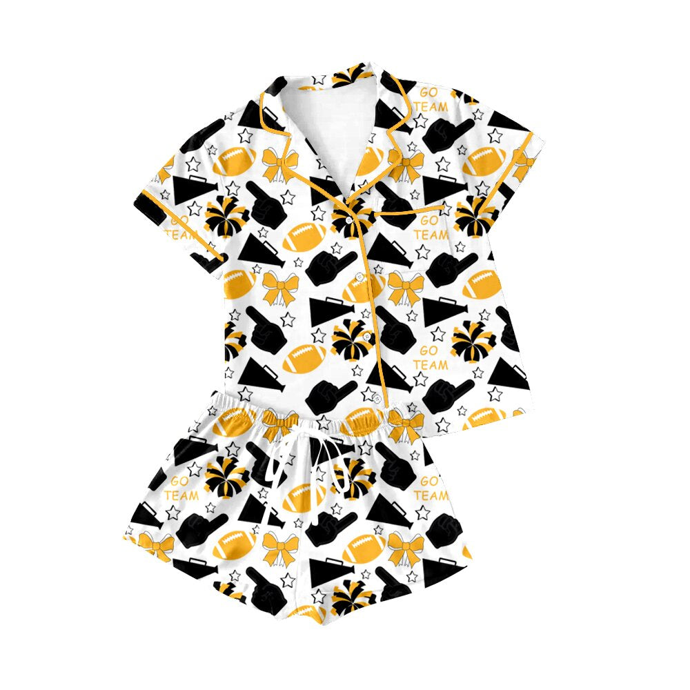 Preorder(moq 8)Baby Girls Gold Black Bows Footballs Button Pocket Top Shorts Team Pajamas Set