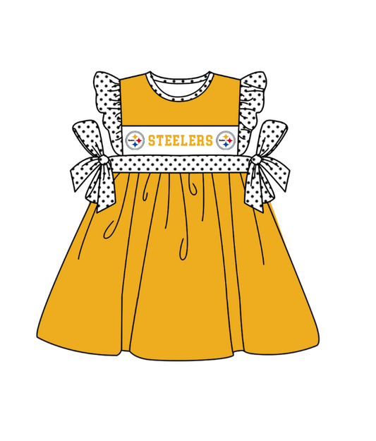 Preorder (moq 5)Baby Girls Polka Dots Flutter Sleeve Steelers Team Knee Length Dresses