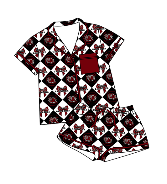 Preorder (moq 5)Baby Girls Team Bows Checked Button Pocket Top Shorts Pajamas Sets