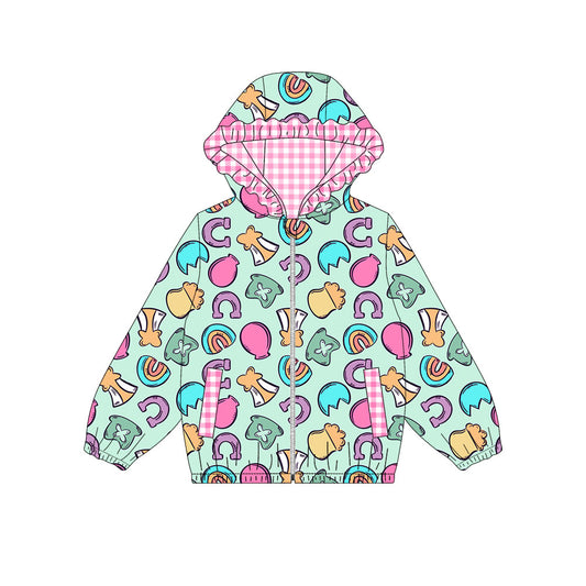 Preorder(moq 8)Baby Girls Rainbows Hats Pocket Zipper St Patrick Ruffle Hoodie Jackets