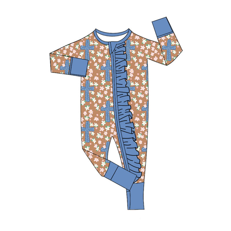Preorder (moq 5)Baby Girls Flowers Crosses Easter Ruffle Zipper Footie Rompers