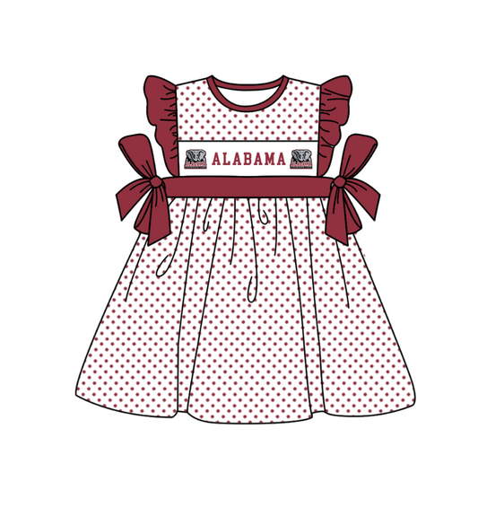 Preorder (moq 5)Baby Girls Flutter Sleeve Polka Dots Alabama Team Knee Length Dresses
