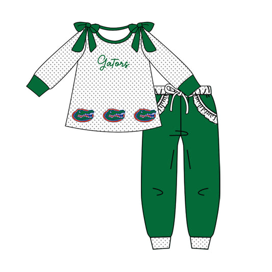 Preorder (moq 5)Baby Girls Polka Dots Gators Tunic Pockets Jogger Team Clothes Sets