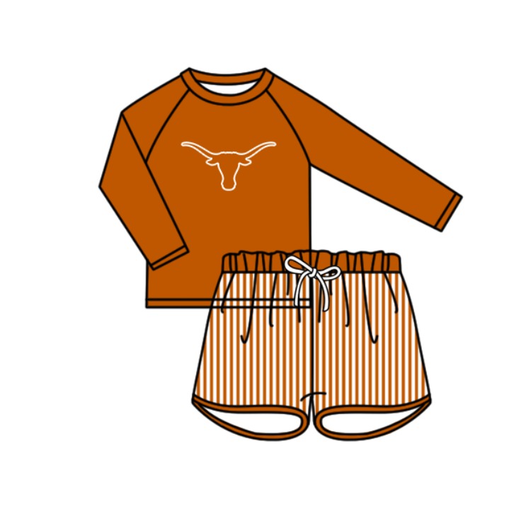 Preorder moq 5 Baby Boys Orange Bulls Long Sleeve Top Stripe Shorts Team Swimsuits
