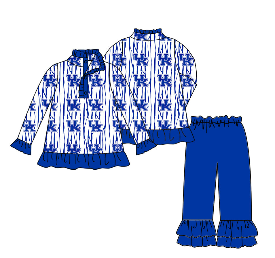 Preorder(moq 5) Baby Girls Blue UK Stripe Button Pullovers Ruffle Pants Team Clothes Sets