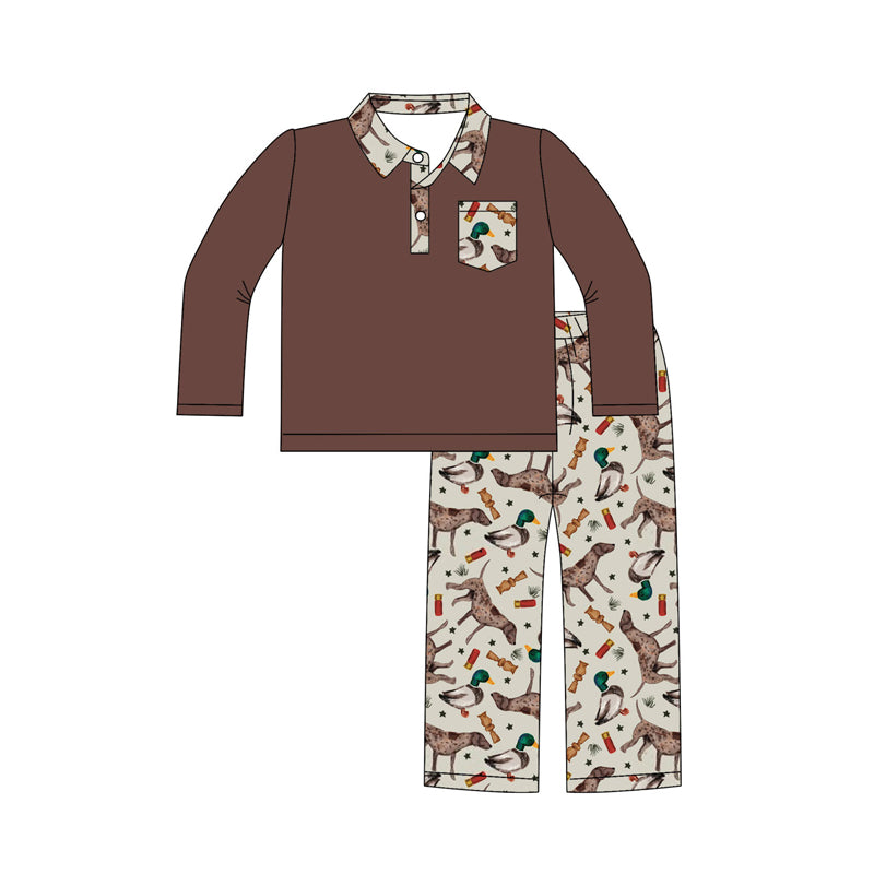 Preorder (moq 5)Baby Boys Brown Button Pocket Top Ducks Calls Plaid Pant Hunting Set