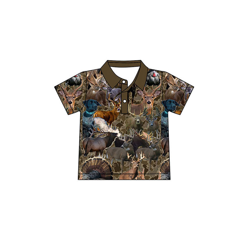 Preorder(moq 5) Baby Boys Brown Camo Deer Dogs Button Hunting Polo Shirts Top