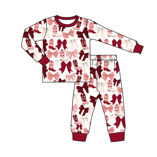 Preorder (moq 5)Baby Boys Pink Red Bows Heart Boots Top Pants Pajamas Sets