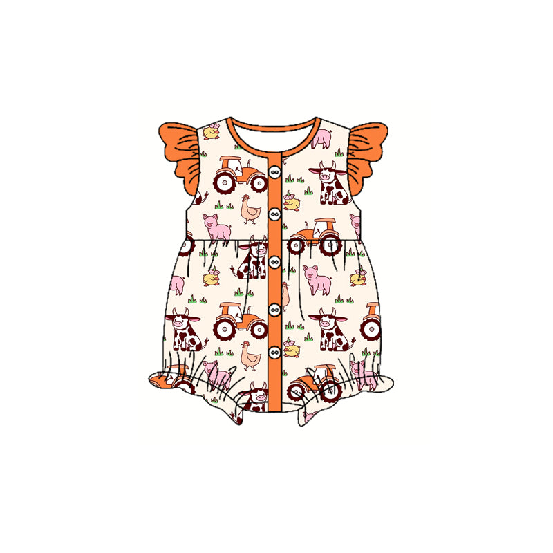 Preorder(moq 5)Baby Infant Girls Orange Flutter Sleeves Button Top Cows Pigs Summer Farm Rompers