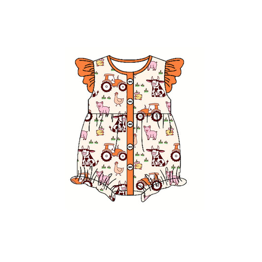 Preorder(moq 5)Baby Infant Girls Orange Flutter Sleeves Button Top Cows Pigs Summer Farm Rompers