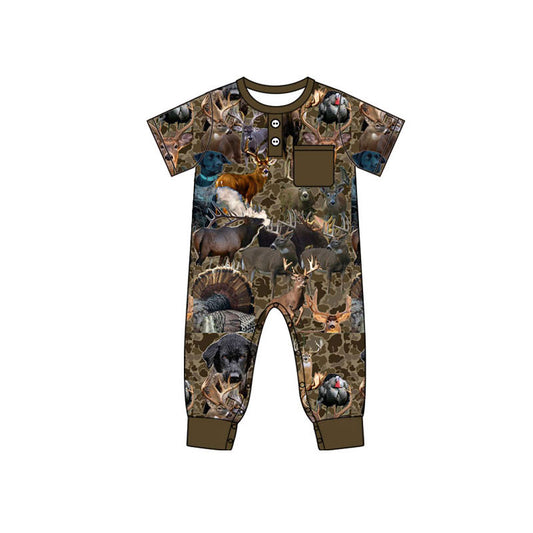 Preorder (moq 5)Baby Boys Brown Camo Deer Dogs Button Pocket Hunting Footie Rompers