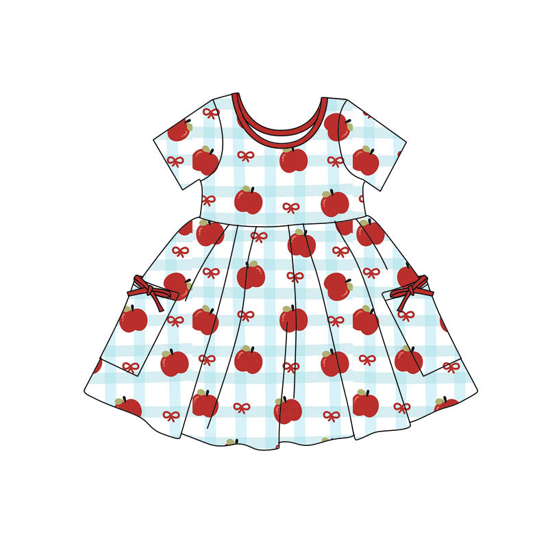 Preorder(moq 5) Baby Girls Apples Bows Checked Pockets Back to School Knee Length Dresses