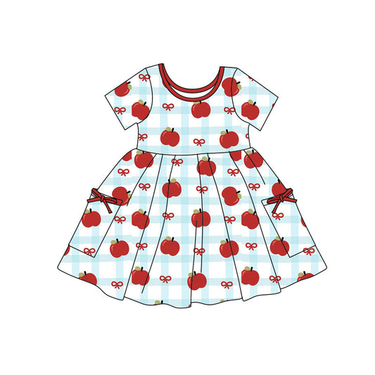 Preorder(moq 5) Baby Girls Apples Bows Checked Pockets Back to School Knee Length Dresses