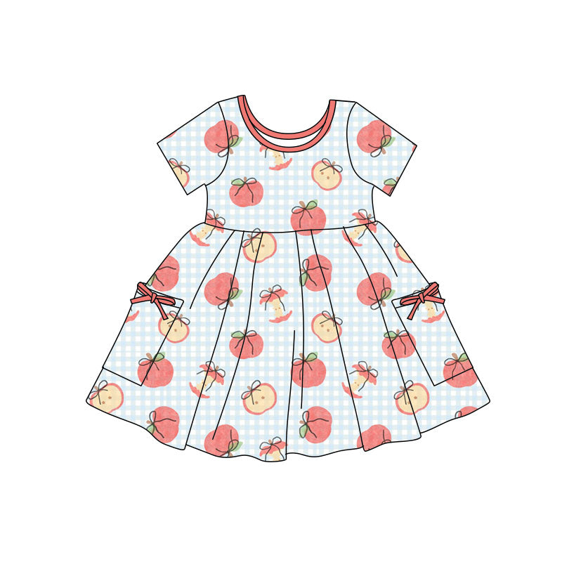 Preorder(moq 5) Baby Girls Bow Apples Checked Pockets Back to School Knee Length Dresses