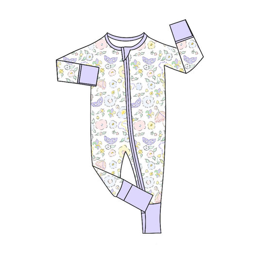 Preorder (moq 5)Baby Girls Long Sleeve Floral Masks Mardigras Zipper Footie Rompers