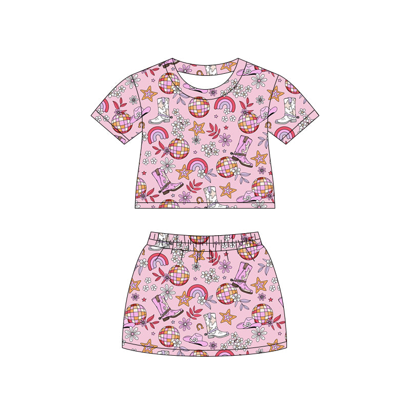 Preorder (moq 5)Baby Girls Rainbows Boots Top Skirt Shorts Western Clothes Set