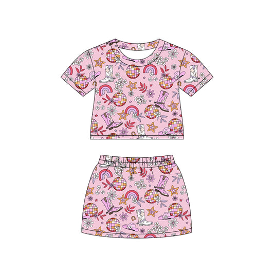 Preorder (moq 5)Baby Girls Rainbows Boots Top Skirt Shorts Western Clothes Set