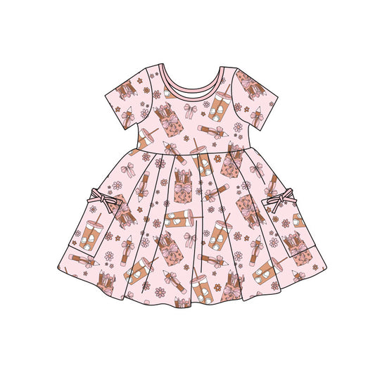 Preorder(moq 5) Baby Girls Pink Bows Pencils Pockets Back to School Knee Length Dresses