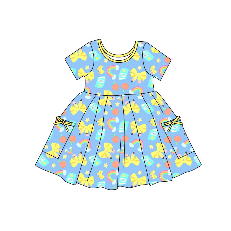 Preorder(moq 5) Baby Girls Bows Pencils Books Pockets Back to School Knee Length Dresses