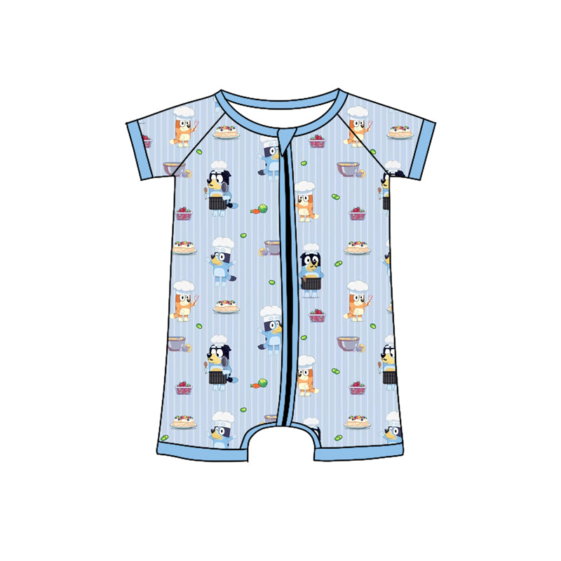 Preorder (moq 5)Baby Boys Blue Stripe Short Sleeves Cartoon Dogs Zipper Rompers