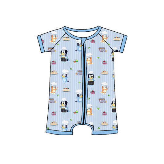 Preorder (moq 5)Baby Boys Blue Stripe Short Sleeves Cartoon Dogs Zipper Rompers