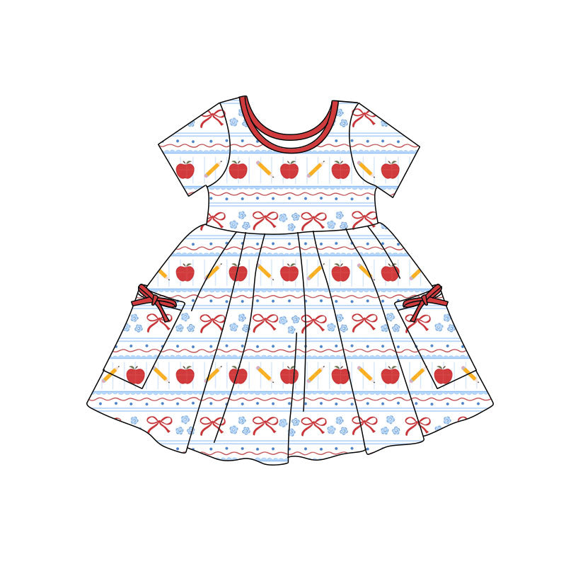 Preorder(moq 5) Baby Girls Apples Pencils Stripe Pockets Back to School Knee Length Dresses