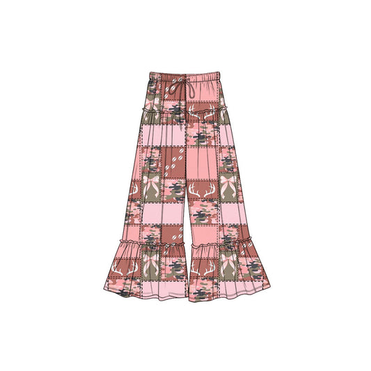 Preorder (moq 5)Baby Girls Bows Deer Bows Checked Hunting Bell Bottom Pants