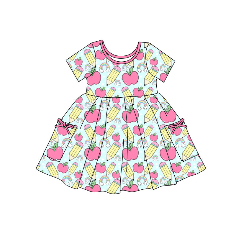 Preorder(moq 5) Baby Girls Apples Pencils Pockets Back to School Knee Length Dresses