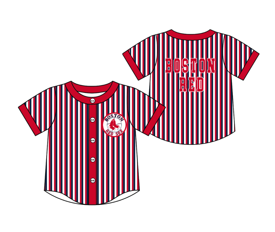 Preorder moq 5 Baby Boys Short Sleeve Boston Red Team Button Stripe Shirts Top