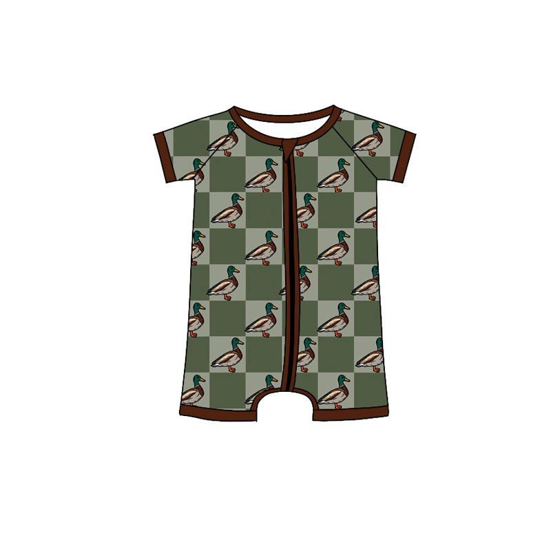 Preorder(moq 5)Baby Infant Boys Green Checkered Ducks Zip Summer Rompers