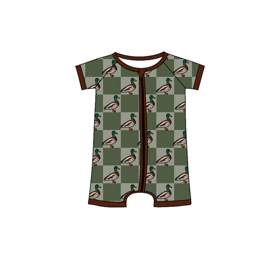 Preorder(moq 5)Baby Infant Boys Green Checkered Ducks Zip Summer Rompers