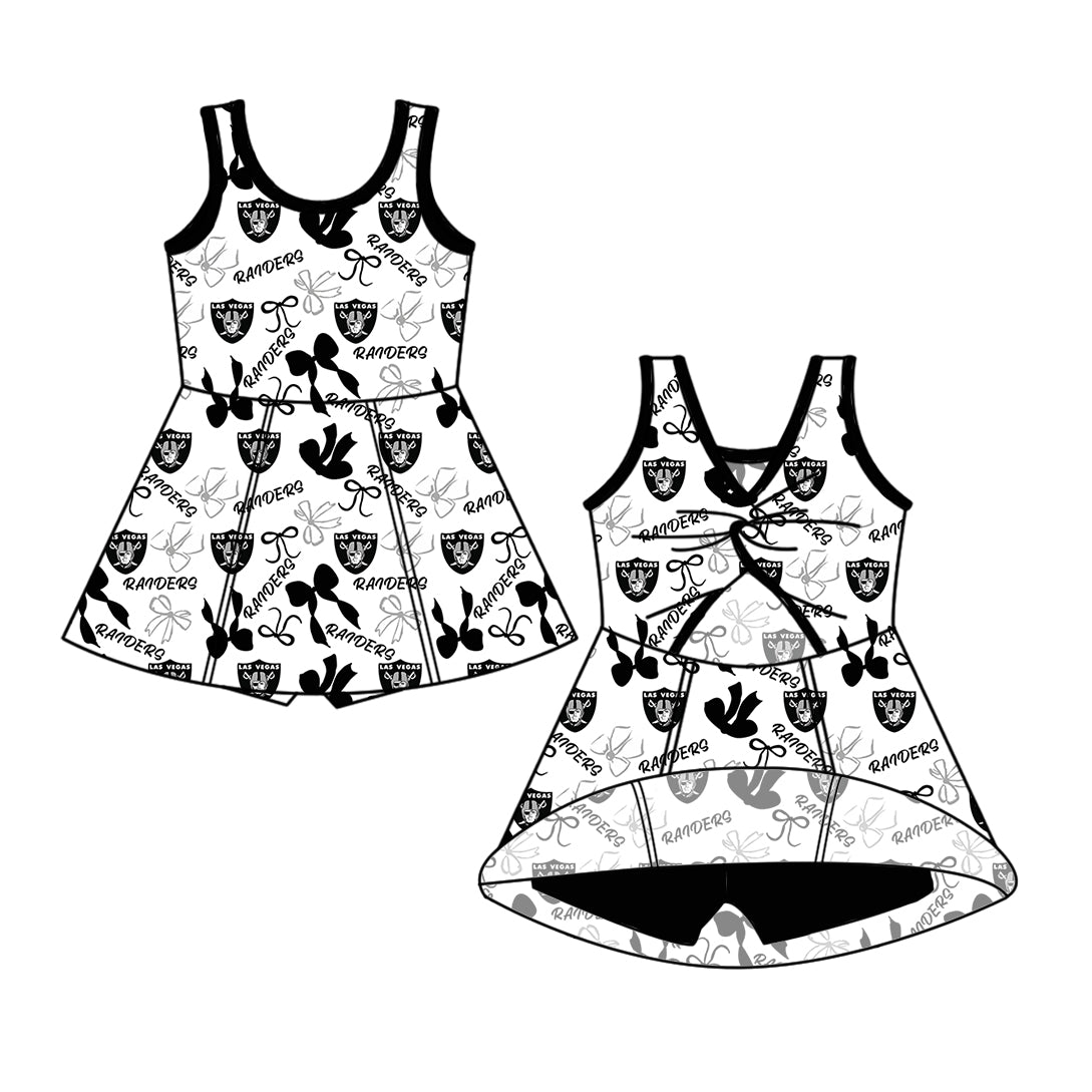 Preorder (moq 5)Baby Girls Sleeveless Black Bows Plaid Raiders Shorts Team Knee Length Dresses