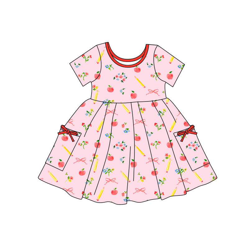 Preorder(moq 5) Baby Girls Apples Pencils Flowers Pockets Back to School Knee Length Dresses