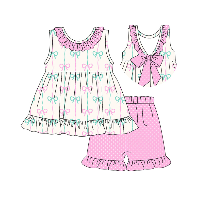 Preorder (moq 5)Baby Girls Bows Stripe Tunic Pink Polka Dots Ruffle Shorts Clothes Sets